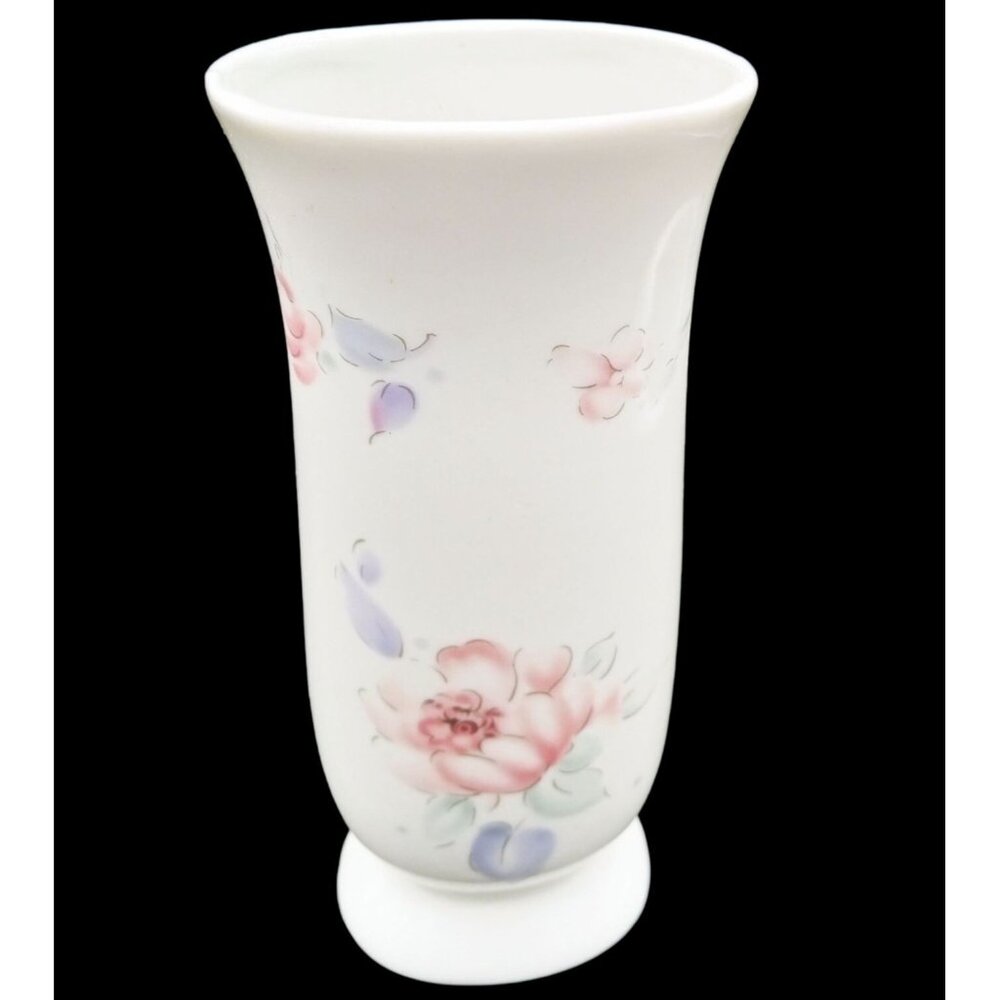 Vintage FTD Floral Vase White Ceramic Pink Purple Flowers 6.5 Inch Mothers Day